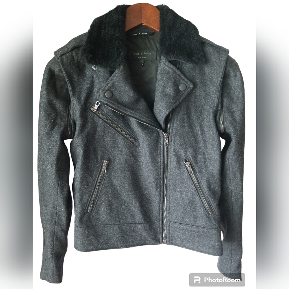 RAG & BONE Women's Fur Trim Wool Blend Removable Sleeve Moto Biker Jacket 00